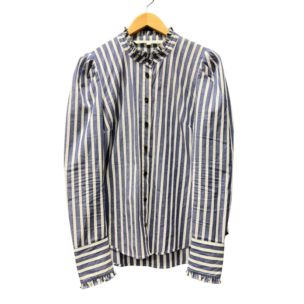 Veronica Beard Blouse Womens 8 Ruffle Collar Blue White Striped Button Up Top